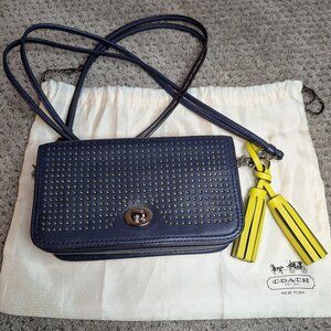 Coach Legacy Penny Perforated Leather Navy Crossbody Bag with Yellow Tassel